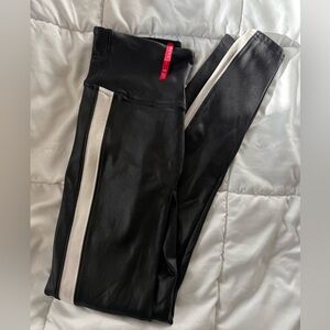 Spanx leggings size small: “leather” look with white/cream stripe down the legs